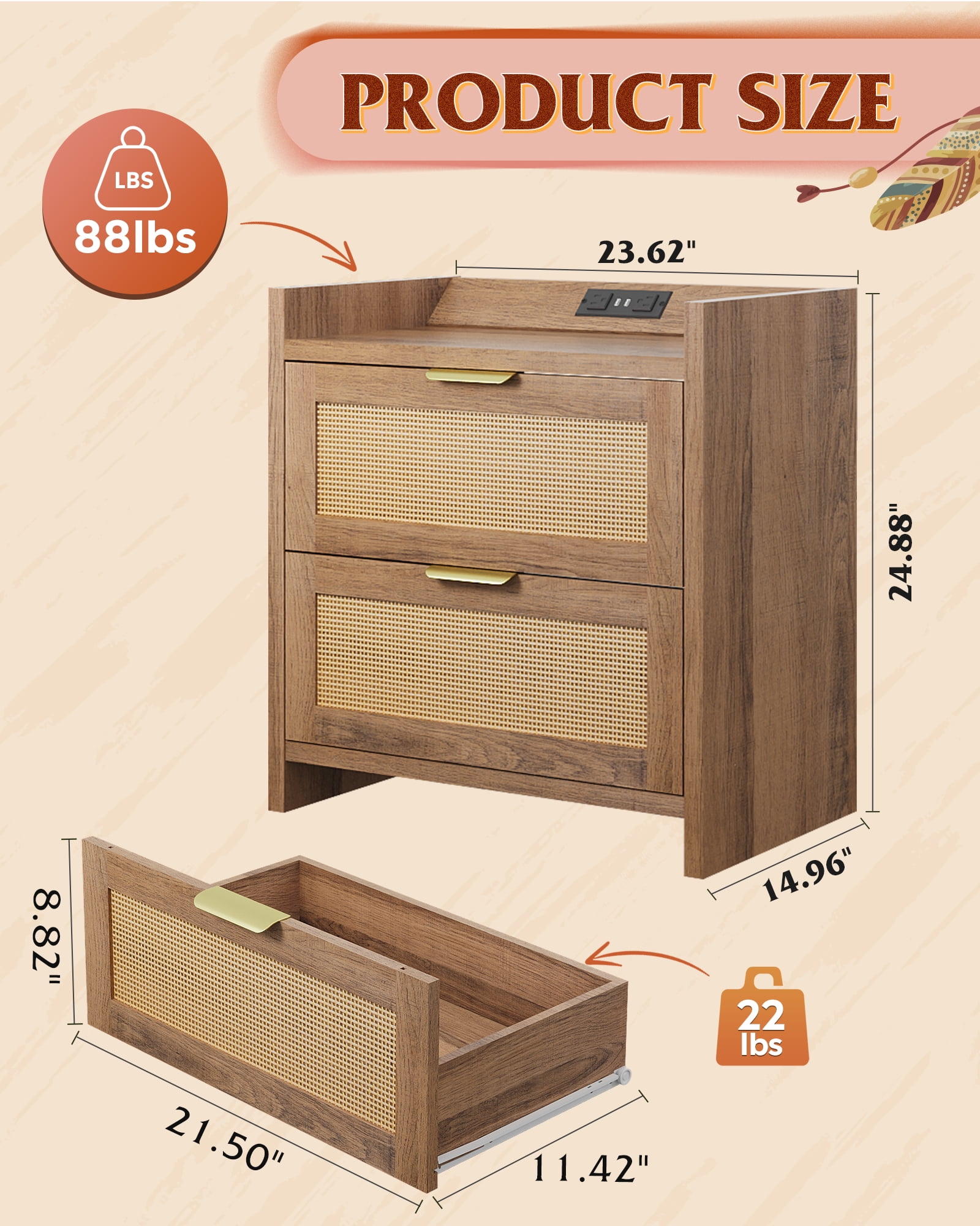 GALAXHERO Nightstand Set of 2 with Charging Station, Boho Rattan Bedside Tables, 2 Drawers End Table for Bedroom, Living Room, Natural Oak