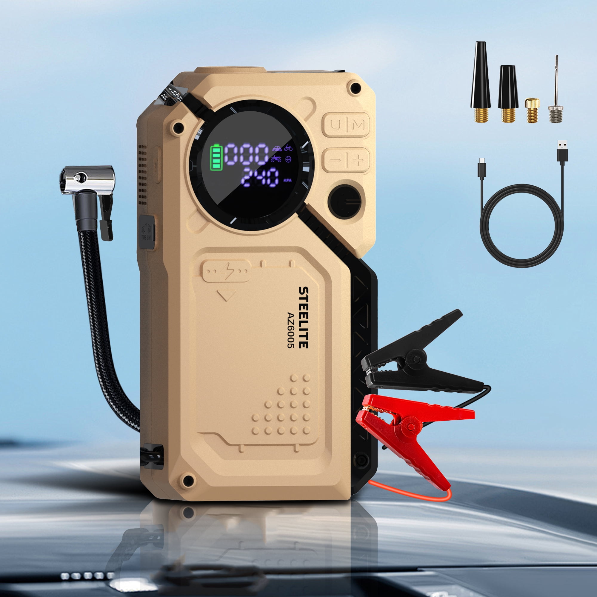 Steelite 6000A Car Battery Jump Starter with Air Compressor 150 PSI,  Powerful Car Jump Starter (All Gas/12L Diesel), 12V Jump Box with USB Quick Charge,7-in-1 Jump Starter Power Bank