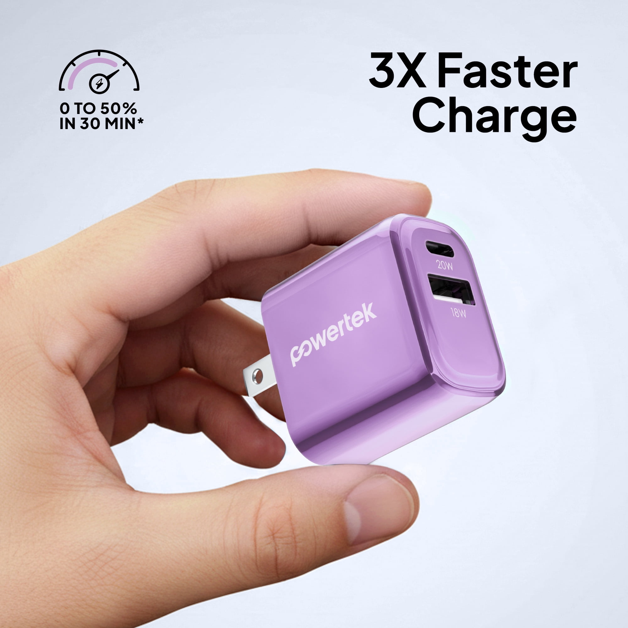 Powertek Luxe 20W USB-C + 18W USB-A Fast Charging Dual Port Block, Purple, Compatible with iPhone, Android, Tablets & USB Devices, Compact Travel Adapter