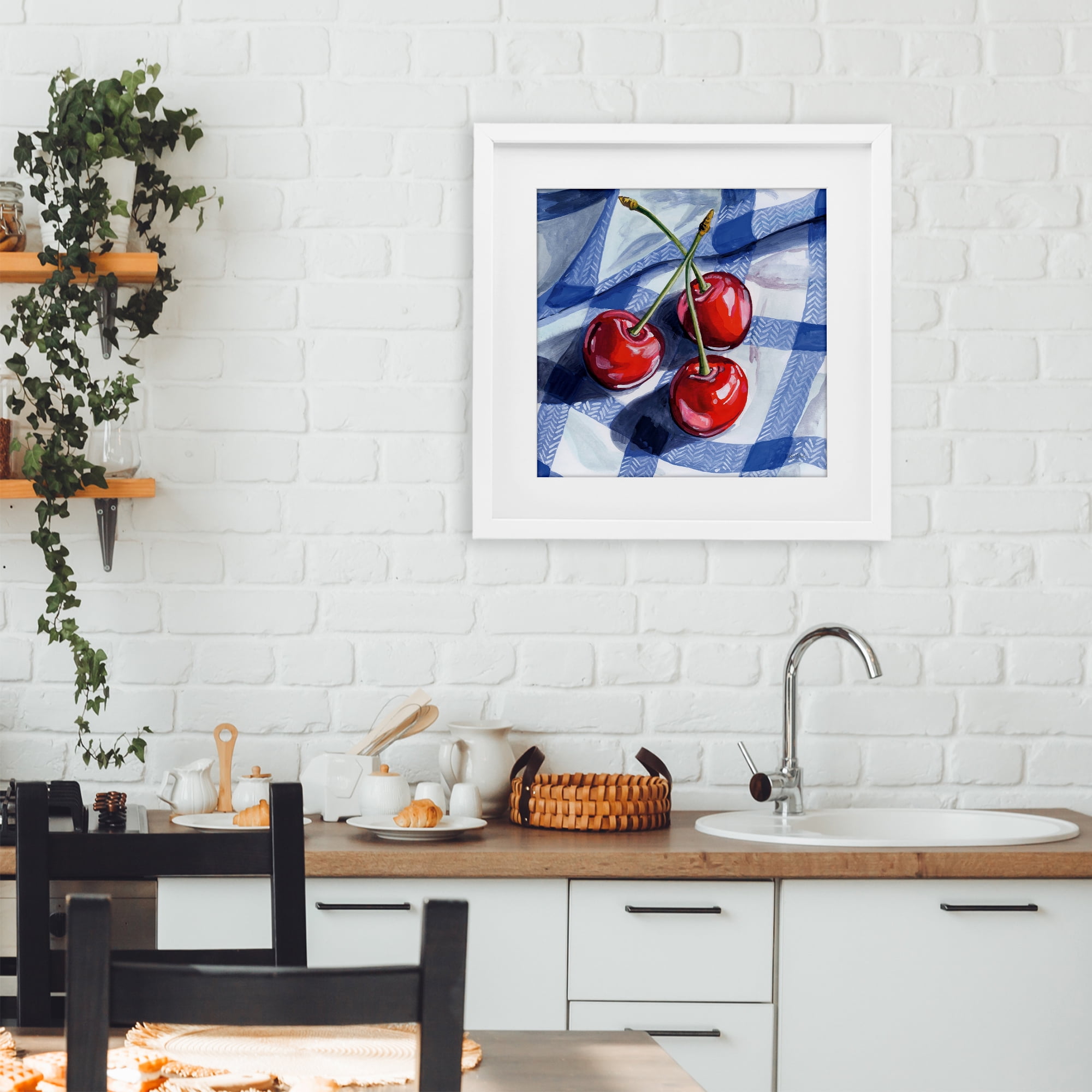 Stupell Industries Three Picnic Cherries on Gingham White Framed Print Under Glass, design by Kate Jarvik Birch