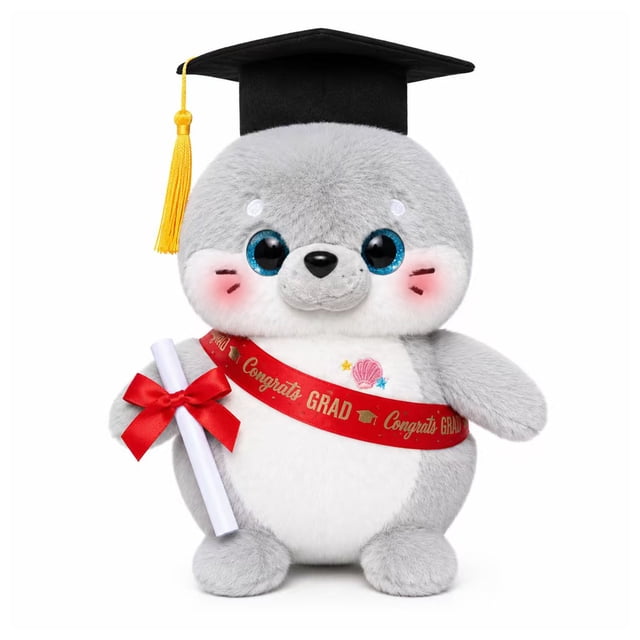 Peluche de Foca de Graduación de 10 Pulgadas con Birrete, Banda y Diploma, Foca de Peluche Suave con Accesorios de Graduado, Regalo de Graduación, Cumpleaños, Navidad y Celebraciones Escolares