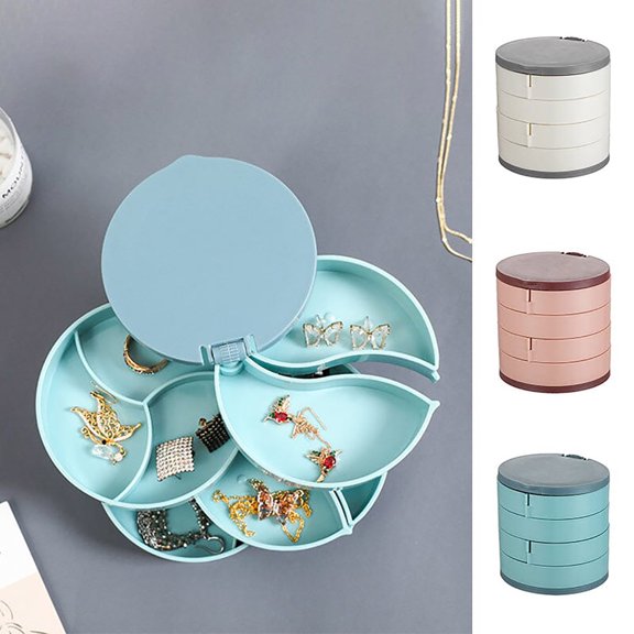 Jewelry Organizer,360 Degree Rotatable Earring Holder,Small Jewelry Storage Box Earring Holder for Women, 4-Layer Rotating Travel Jewelry Tray Case with Lid for Bracelets Rings Bracelets
