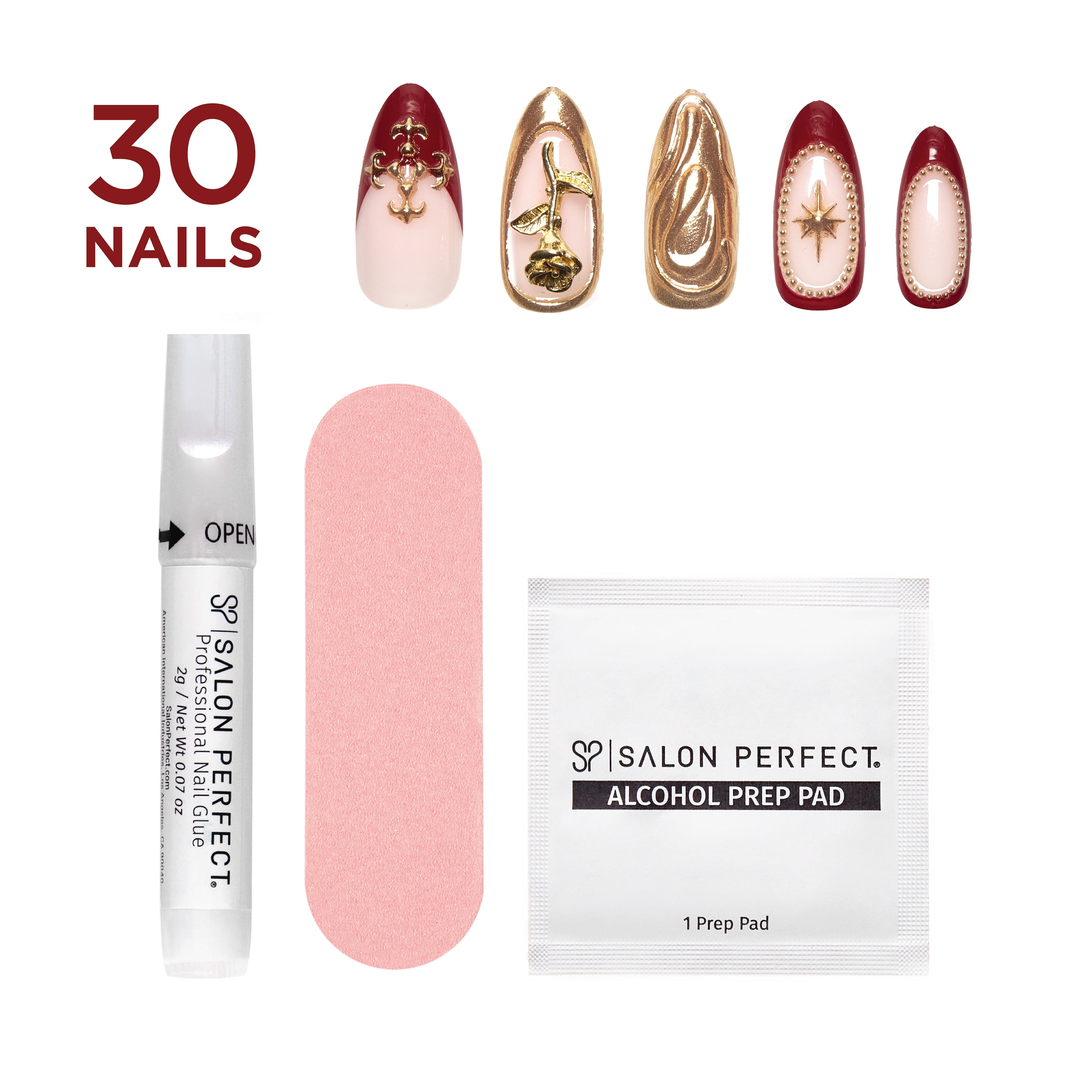 Salon Perfect Artificial Fake Press On Nails, 417 Charmed, Gold Rose, Medium Almond, File, Glue, and Prep Pad Included, 30 Nails