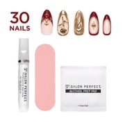 Salon Perfect Artificial Fake Press On Nails, 417 Charmed, Gold Rose, Medium Almond, File, Glue, and Prep Pad Included, 30 Nails