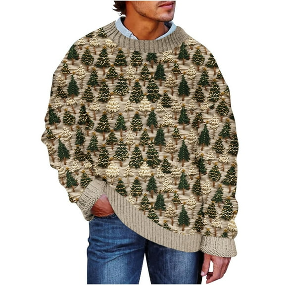SERTG Men's Christmas Sweater Print Warm Christmas Cardigan Long Sleeve Hoodless Casual Coat Men Christmas Tops(Khaki,S)