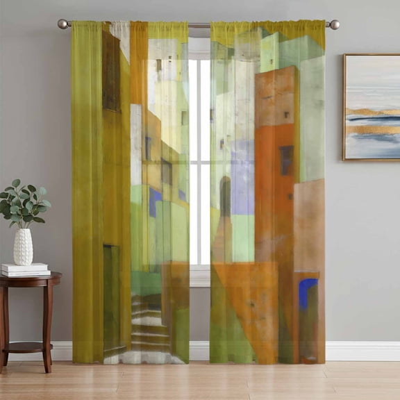 Sheer Curtains 96 Inches Long 2 Panels Set for Living Room, Abstract Yellow Semi Sheer Curtains for Windows, Painting Buildings Geometric Modern Art Voile Window Treatments Rod Pocket Curtain