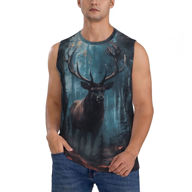 Fotbe Mystical Forest Elk Men's Camiseta sin Mangas Estampada para Hombres, Playera Casual para Gimnasio, Entrenamiento, Playa-Large