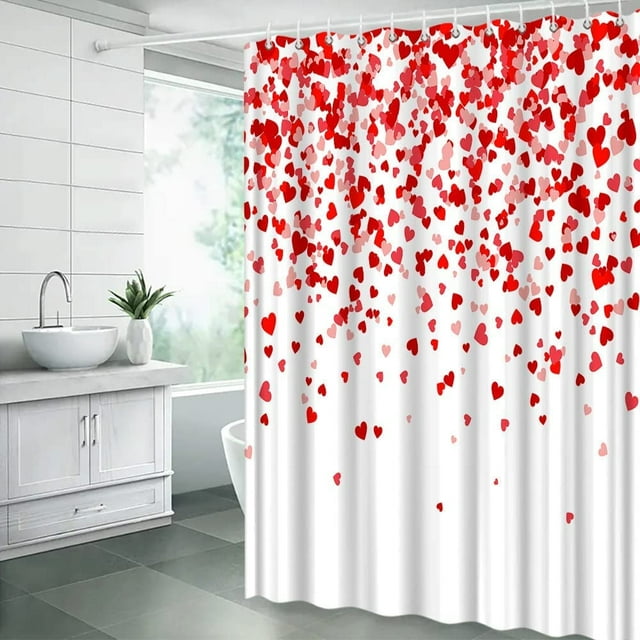 Cortina de ducha para el día de San Valentín, diseño de corazón rojo, dulce amor, pareja romántica, mujer y niña, cortina de baño con ganchos, color rojo y rosa