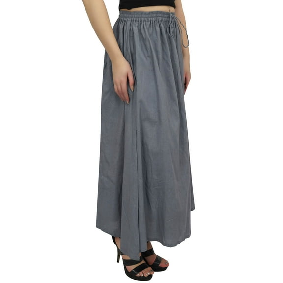 Bimba Women's Bohemian Style Elastic Waist Gray Long Maxi Skirt With Tassels-S