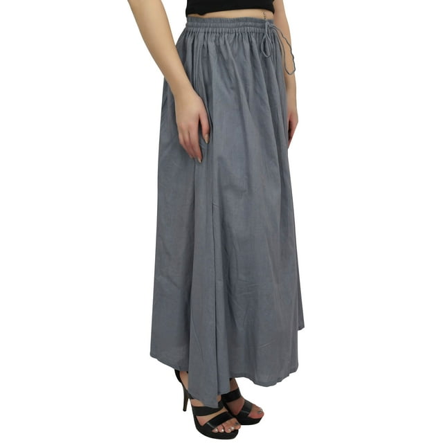 Bimba Jupe Longue Maxi Grise à Taille Élastique Style Bohème pour Femme avec Franges-3TG