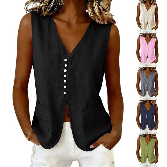 VBVC Women's V-Neck Button Down Vest, Ladies' Lightweight Sleeveless Waistcoat, Casual Blazer Tank Top For Women,Beige,S-2XL