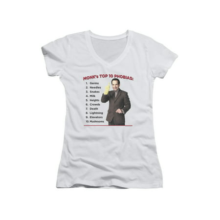 Monk Comedy Drama Mystery TV Series Top 10 Phobias Juniors V-Neck T-Shirt (Top 10 Best Comedy Series)