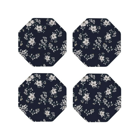 

Coasters Set of 4 - Retro white flower Drink Coasters for Tabletop Protection Leather Coasters for Living Room Decor and Housewarming Gift Octagon