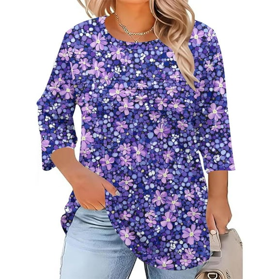 EchfiProm Purple Summer Shirts for Women 3/4 Sleeve Plus Size Pullover Cute Floral Crew Neck Relaxed Fit Blouse