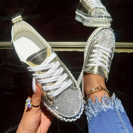 Going Outfits - Women s Rhinestone Decor Sneakers  Casual Lace Up Outdoor Shoes  Comfortable Low Top Shoes-35
