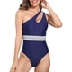 thumbnail image 1 of Mujeres una pieza traje de baño un hombro inclinado hombro cintura correas costura una pieza traje de baño bikini azul oscuro M, 1 of 6