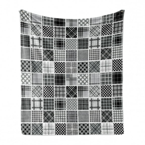 Grey Soft Flannel Fleece Blanket, Mixed Checkered Squared Scotch Plaid Striped Patterns in Patchwork Style Image, Cozy Plush for Indoor and Outdoor Use, 50" x 70", Black White Grey, by Ambesonne