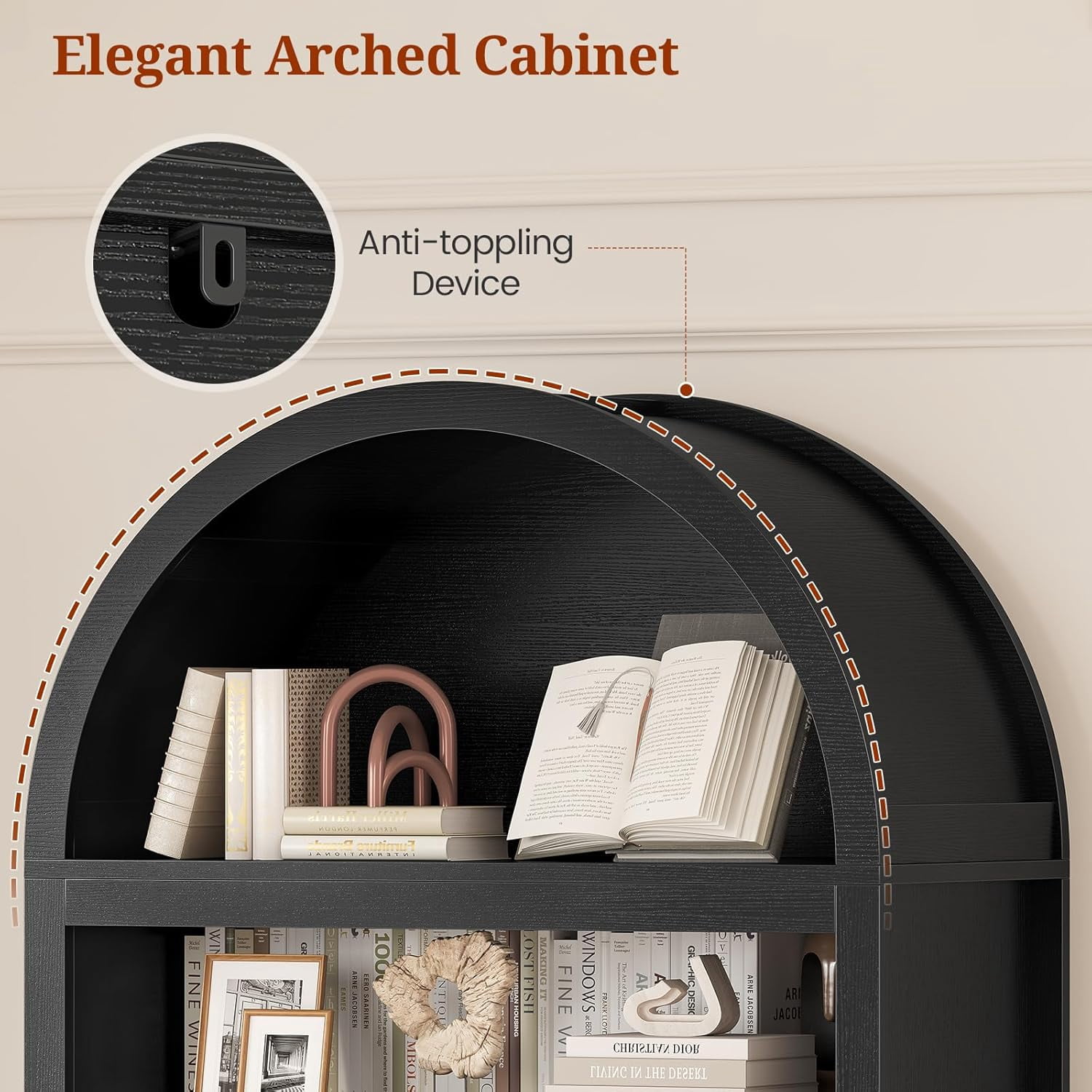 81" Tall Arched Kitchen Pantry Storage Cabinet, 6-Tier Bookcase with 2 Doors for Living Room, Kitchen, Home Office, Black+Oak