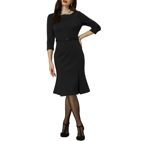 INSPIRE CHIC Women's Dress Boat Neck Half Sleeve Pleated Work Elegant Midi Dress XS Black