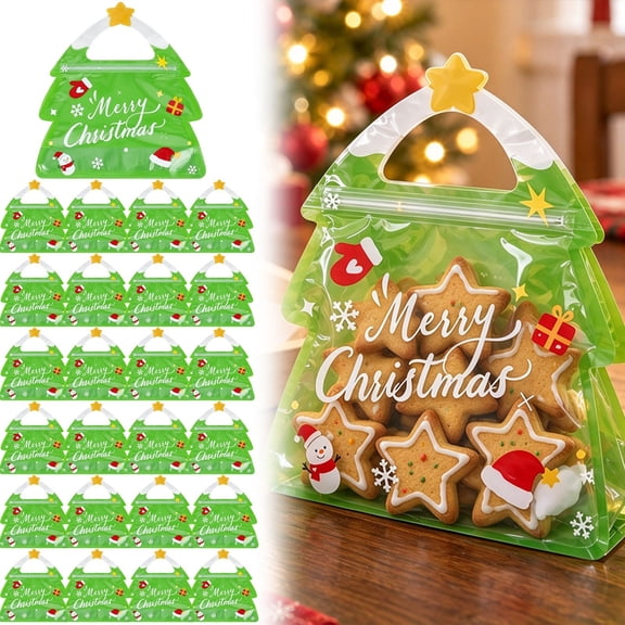 Christmas Treat Bags For Clear Tree Shaped Ziplock Reusable Goodie Bag Xmas Sealable Bags With Handle For Candy, Cookie, Snack, Party Supplies