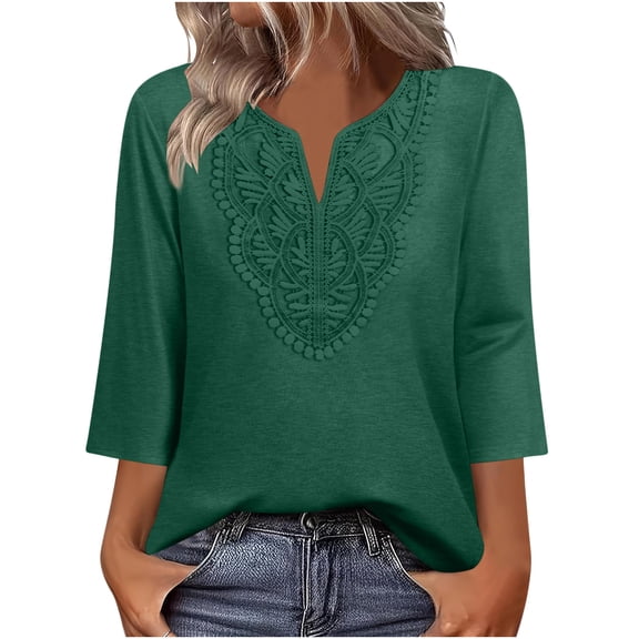 Fall Shirts for Women,3/4 Length Sleeve Womens Tops Boho V Neck Lace Shirt Trendy Blouses Dressy Casual Vacation Clothes