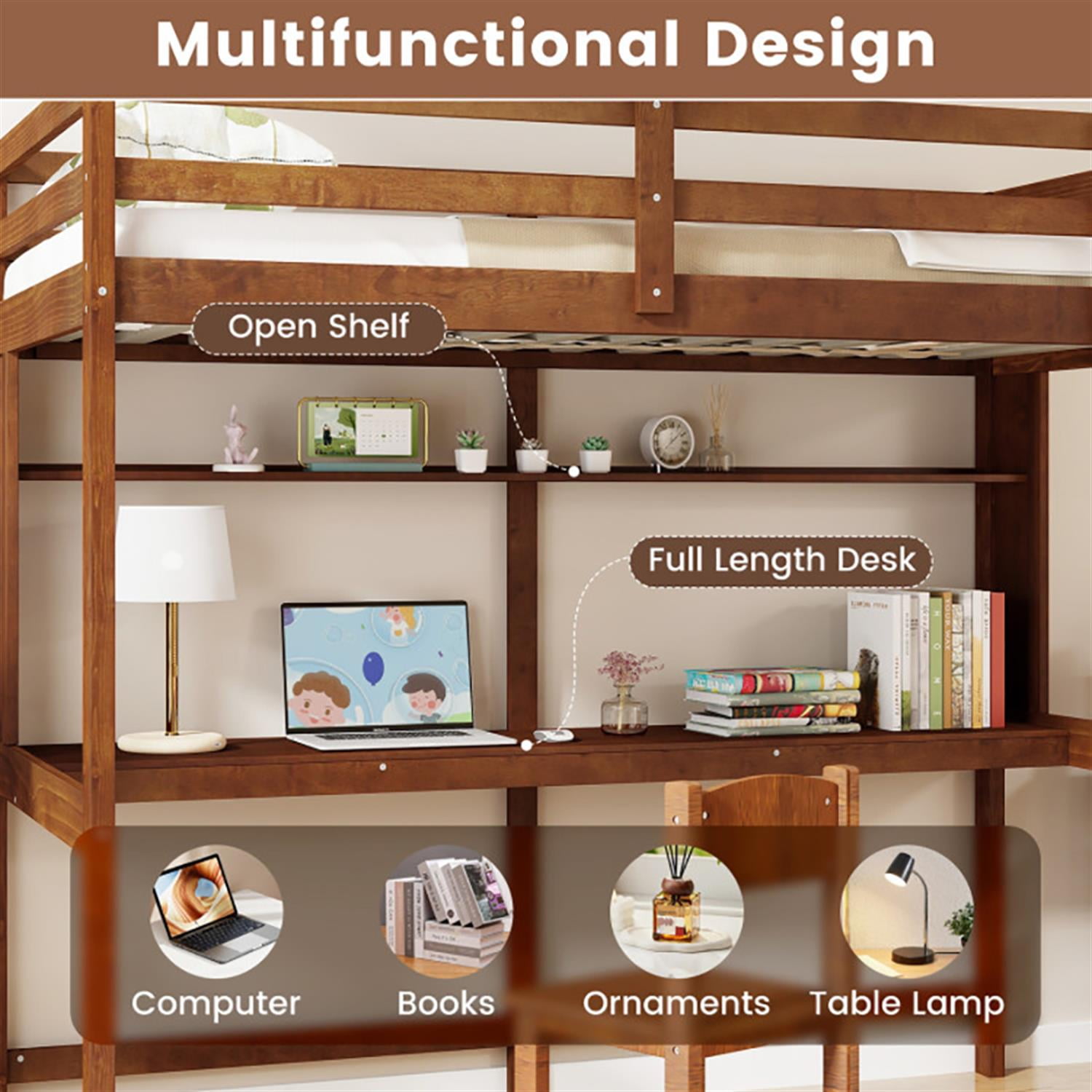 Demi Bonn Loft Bed Twin Size, Solid Wood Low Loft Bed with Guard Rail and Ladder, Modern Wooden Loft Bunk Bed Frame, Brown