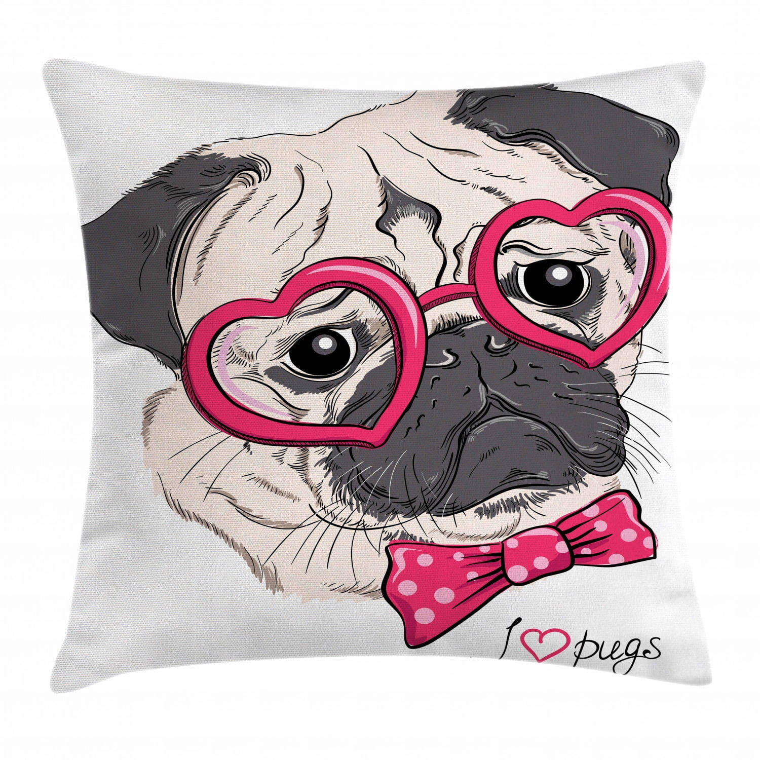 Pug Throw Pillow Cushion Cover, Fashionable Dog with Heart Shaped Glasses and Dotted Bow Tie I