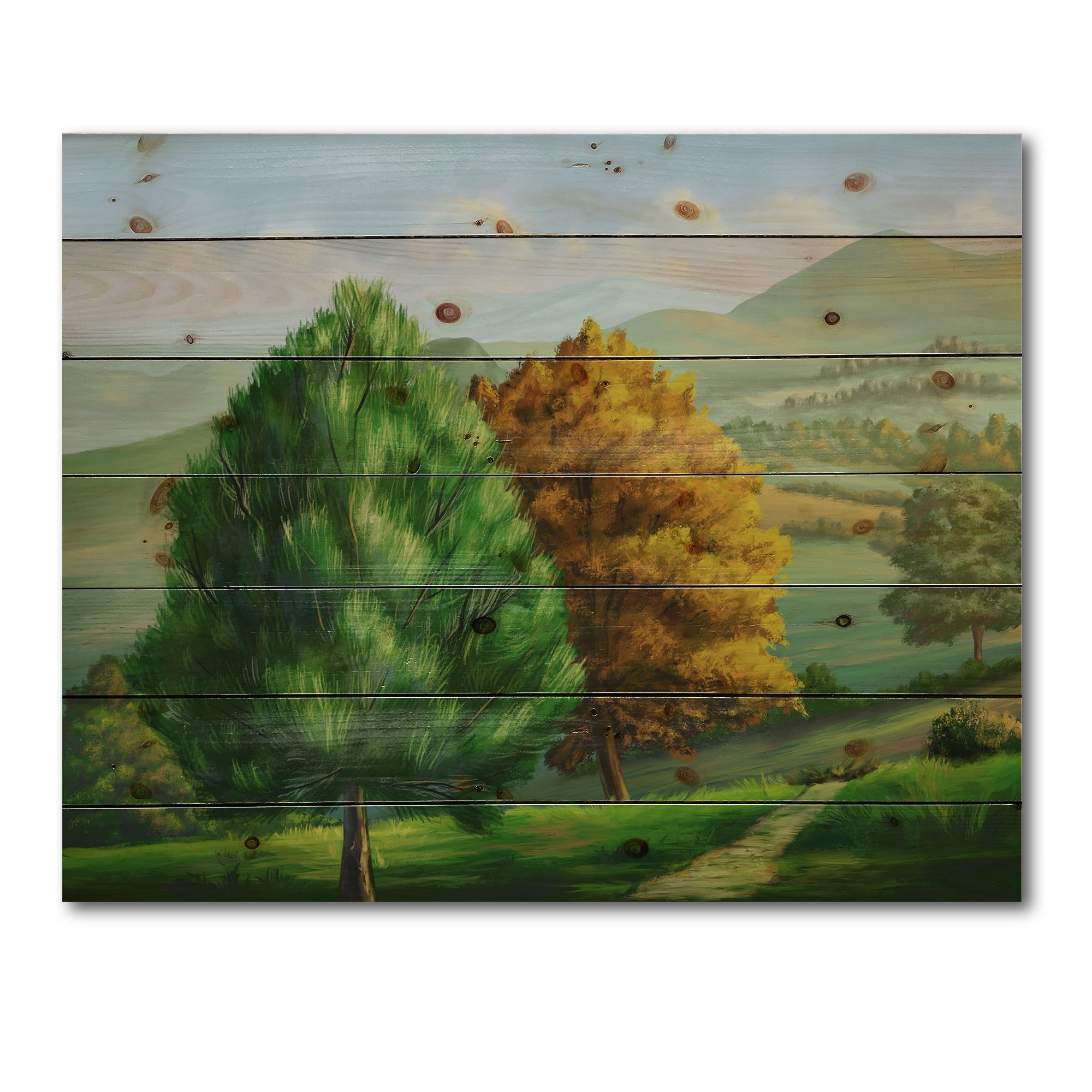 Designart 'VIbrant Trees With Country Scenery' Traditional Print on Natural Pine Wood