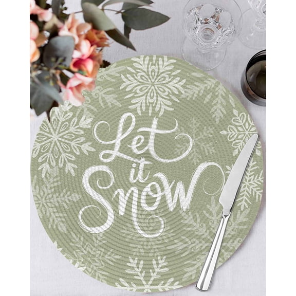 13 Inch Round Placemats Set of 6, Sage Green Christmas Non Slip Heat Insulation PP Table Mats, Vintage Winter Xmas Snowflakes Washable Place Mats for Kitchen Dining Party Table Decor