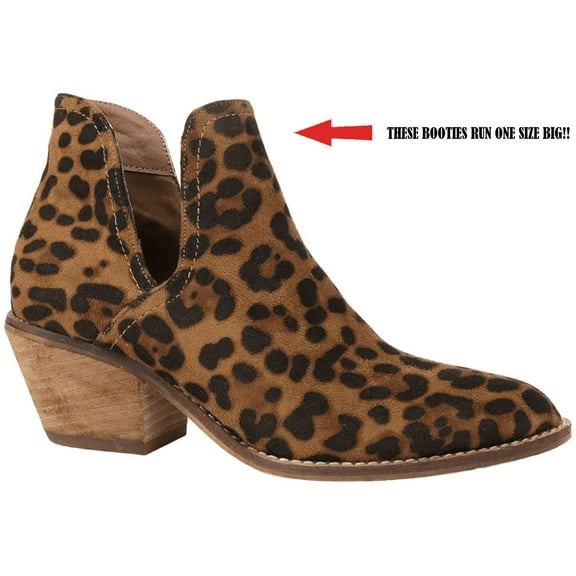 EZGD Sunny-01 Women Western Short Ankle Pointed Toe Booties Boots Animal Leopard Print V Side Cut D'Orsay Faux Suede Leather Block Heel Size Run Big US Size 8