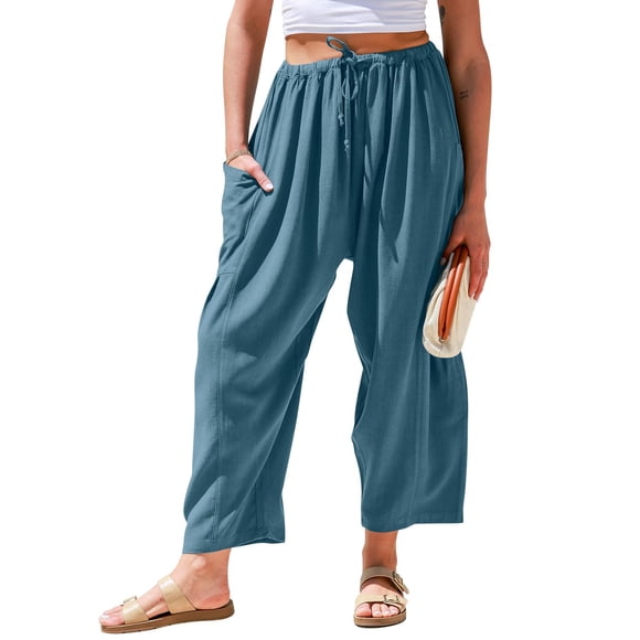 Pantalón TARSE de lino holgado, pierna ancha, con cordón, XL, azul lago
