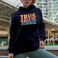 thumbnail image 2 of True Crime Junkie, Podcast Lover or Listener, Groovy Retro Wavy Text Merch Gift, Navy Blue Hooded Sweatshirt or Hoodie, XL, 2 of 5