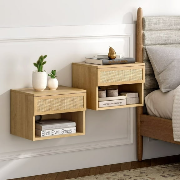 EYYTHUNG Rattan Floating Nightstands with Drawer Set of 2, Small Wall Mounted Rattan Cabinet, Modern Floating Bedside Table, Open Shelf Storage, Natural Oak