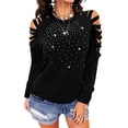 thumbnail image 1 of SAYFUT Plus Size Women Rhinestone Cold Shoulder Tops T-Shirts Long Sleeve Loose Blouse, 1 of 6