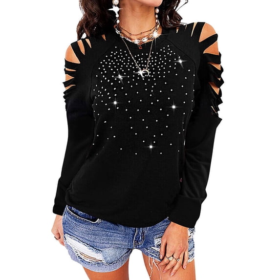 SAYFUT Plus Size Women Rhinestone Cold Shoulder Tops T-Shirts Long Sleeve Loose Blouse