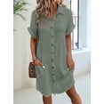 thumbnail image 6 of Womens Summer Cotton Linen Button Down V-Neck Casual Short Sleeve Loose Tunic Dresses Gray Green M, 6 of 7