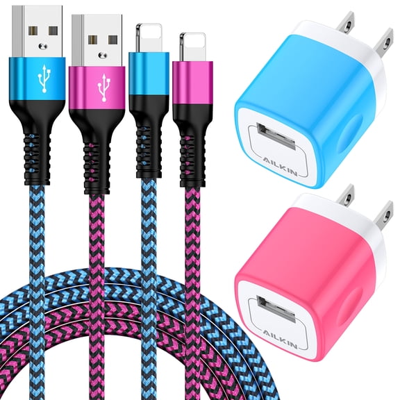 Compatible with iPhone Charger Block Fast Charging AILKIN 2Pack Wall Charger with 6ft Cord Charging Block Plug Power USB Charger Block Adapter Compatible with iPhone 14/13/12/11,Blue Pink