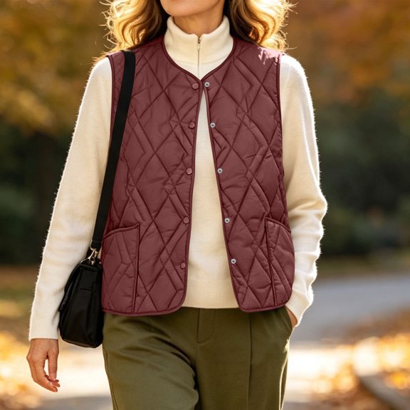 Tusihei Women's Sleeveless Button Down Cardigan Vest Casual Lightweight Thick Coat with Pockets Fall Winter Warm Basic Tops, Red L