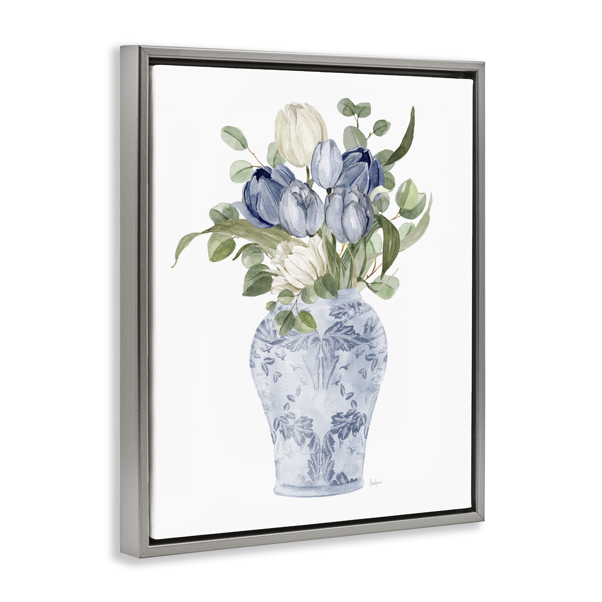 Stupell Industries Tulips & Leaves Vase Gray Framed Floater Canvas Wall Art, design by Livi Finn