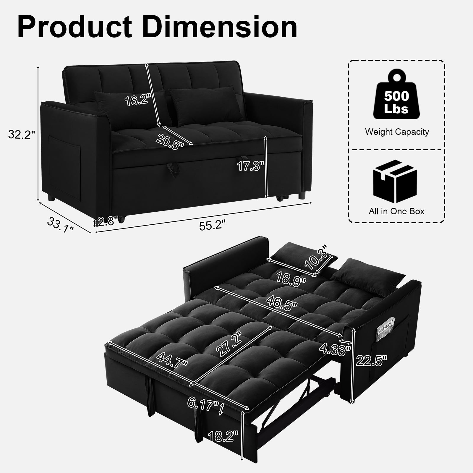 Howcool 55" 3 in 1 Convertible Sleeper Sofa Bed, Pull Out Loveseat Couch with Storage Pocket,Black