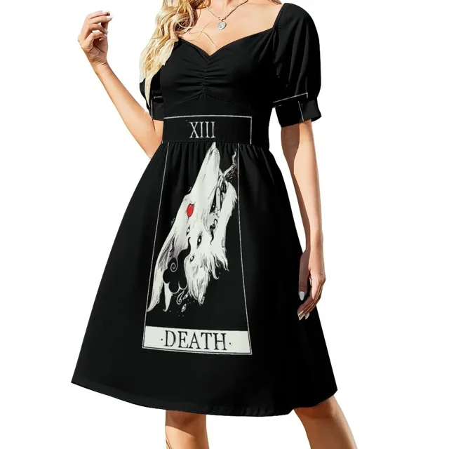 Vestido de manga corta con diseño de lobo y carta del Tarot de la Muerte. Vestidos de noche, trajes de verano para mujer.