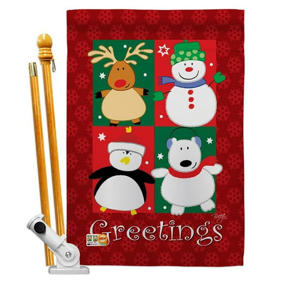 Breeze Decor BD-XM-HS-114063-IP-BO-D-US05-BD 28 x 40 in. Pals Greetings Winter Christmas Impressions Decorative Vertical Double Sided House Flag Set with Pole Bracket & Hardware