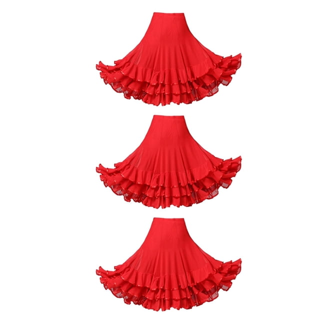 3x Larga de Encaje Plisada Volante cinturo Elástica de Baile Latino para Mujer jinwen Vestido de baile latino