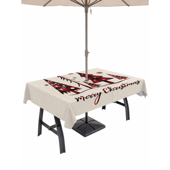 Outdoor Tablecloth with Umbrella Hole and Zipper, Christmas Tree Rectangle Table Cloth 54x80 Inch Waterproof Tablecloth, Xmas Red Buffalo Plaid Snowflakes Vintage Picnic Table Cover for Patio Camping