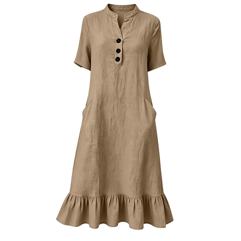 Hinvhai Women's Washed Crinkle Cotton Linen Midi Dress, V Neck Half Button Ruffle Hem Dress with Pockets, Short Sleeve Loose Casual Flowy Dress Khaki