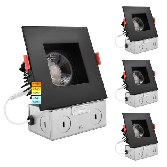 Luxrite 4 inch Square LED Recessed Light J-Box 15W 5 Color Selectable Dimmable Wet Rated IC Rated Black Trim 4-Pack
