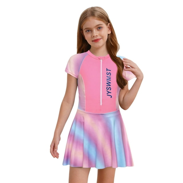 inhzoy Girls One Piece Swimsuit Rash Guard Sun Protection Bathing Suit Sports Swimwear Short Sleeve Swim Dress Gradient Pink 130/M 不带胸垫