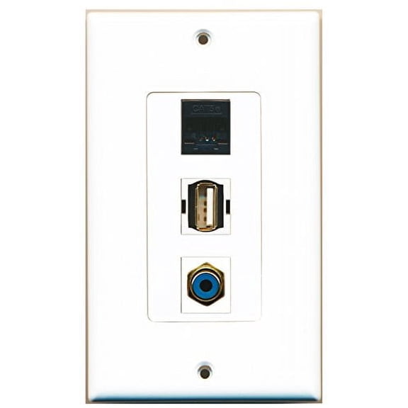 RiteAV - 1 Port RCA Blue and 1 Port USB A-A and 1 Port Cat5e Ethernet Black Decorative Wall Plate Decorative
