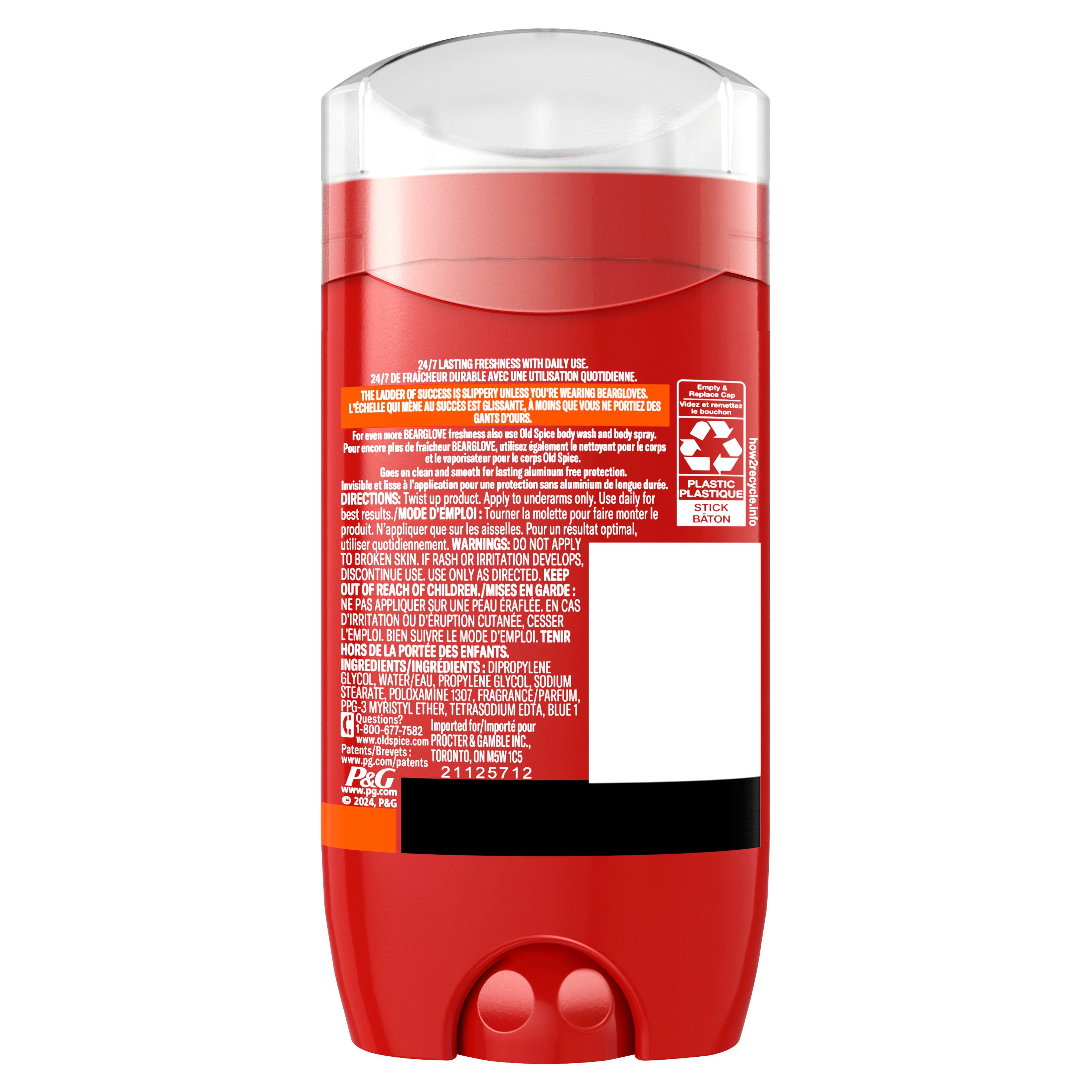 Désodorisant sans aluminium Old Spice pour hommes, fraîcheur 24 heures sur 24, 7 jours sur 7, protection longue durée contre les odeurs, parfum légendaire, Bearglove, parfum de ver