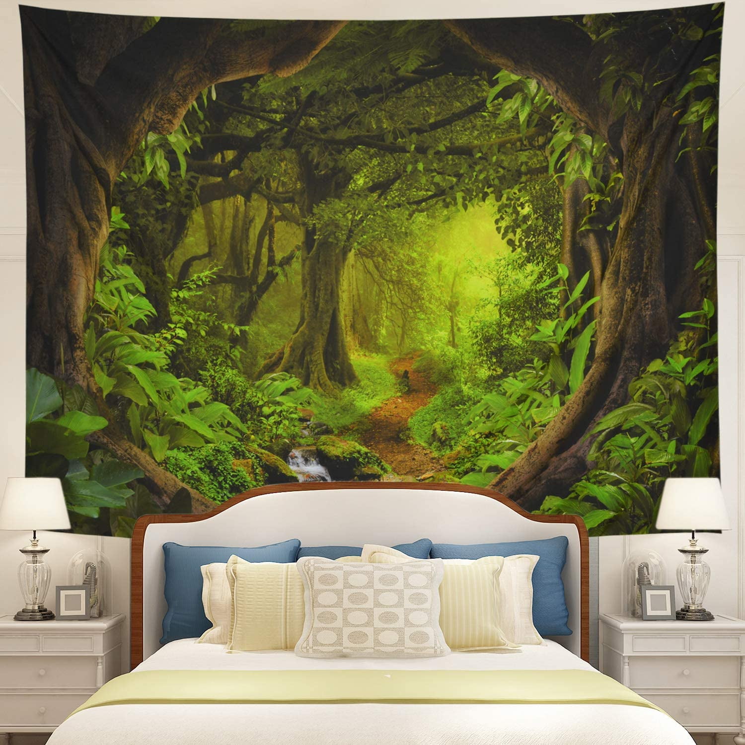 Hongchun Forest Tapestry Nature Tree Cave Tapestry Wall Hanging Misty Forest Tapestry Stream Through Rainforest Tapestry Landscape Wall Tapestry Jungl